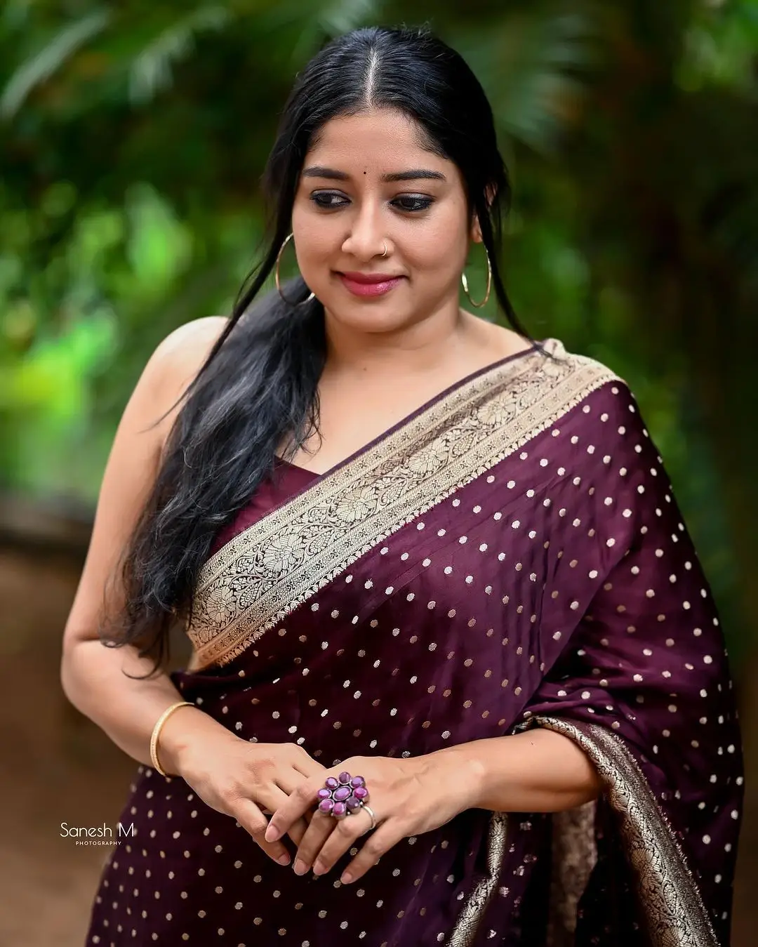 Malayalam Actress Anumol Images in Maroon Saree